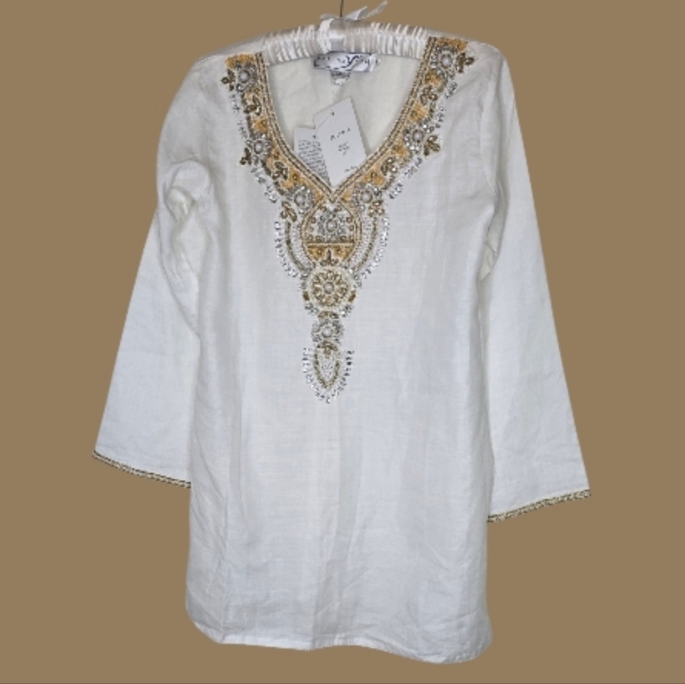 NEW Belle Mar Marena Sol White Linen Tunic Embellished Gold PearlBeaded Resort M